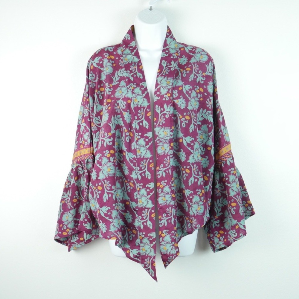 Kantha Bae Kimono Cardigan Open Front Boho Floral Earthy Hippie One Size